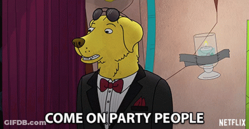 A Yellow Dog In A Suit And Bow Tie Says Come On Party People Netflix GIF