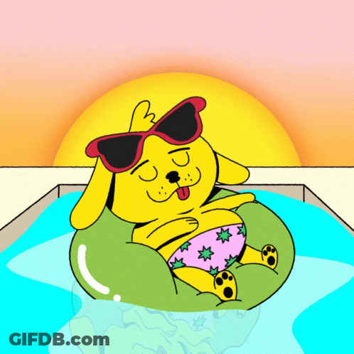 A Yellow Dog Wearing Sunglasses Is Floating In A Pool With The Words Happy Labor Day Above Him GIF