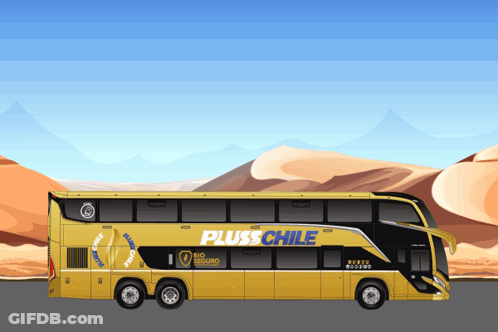 A Yellow Double Decker Bus With The Word Pluss Chile On The Side GIF