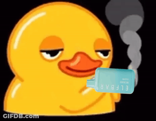 A Yellow Duck Is Holding A Bottle Of Elfbar Cologne GIF