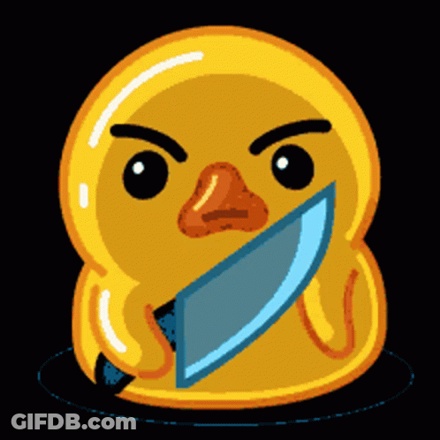 A Yellow Duck Is Holding A Knife In Its Mouth GIF