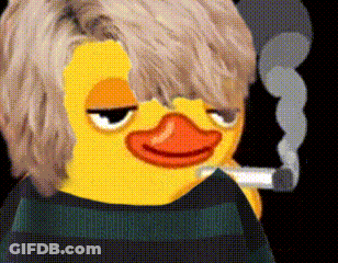 A Yellow Duck Is Smoking A Cigarette While Wearing A Black And Green Striped Shirt . GIF
