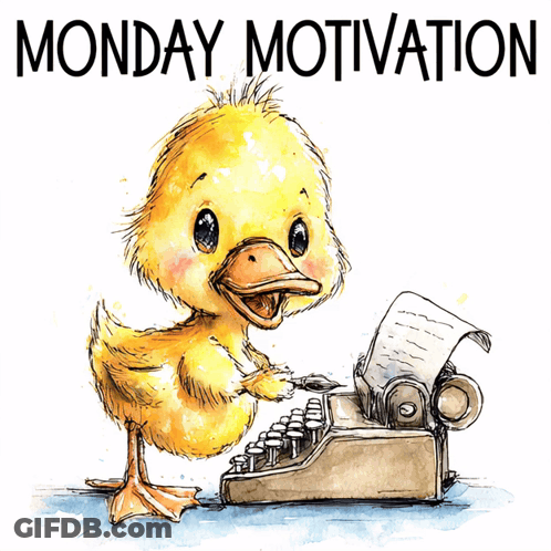 A Yellow Duck Is Standing Next To A Typewriter With The Words Monday Motivation Written Above It GIF
