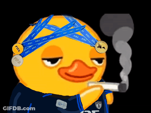 A Yellow Duck Smoking A Cigarette With Fifa Ribbons On His Head GIF