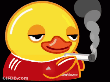 A Yellow Duck Wearing A Red Shirt That Says Teamviewer Smoking A Cigarette GIF