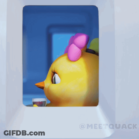 A Yellow Duck With A Pink Bow On Its Head Is Looking Out A Window GIF