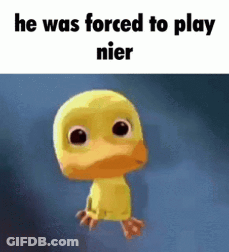 A Yellow Duck With Big Eyes Is Standing In Front Of A Blue Background And The Words `` He Was Forced To Play Nier '' . GIF