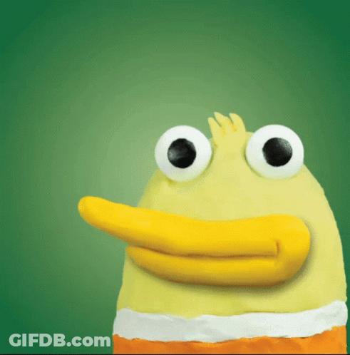 A Yellow Duck With Big White Eyes And A Yellow Beak On A Green Background GIF
