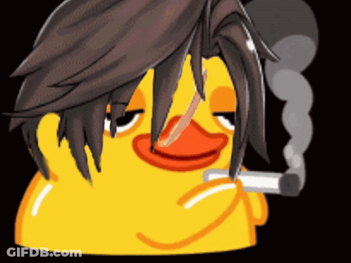 A Yellow Duck With Long Hair Is Smoking A Cigarette With Smoke Coming Out Of It 'S Mouth GIF