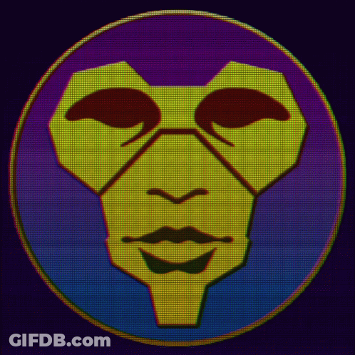 A Yellow Face In A Purple Circle With Red Eyes GIF