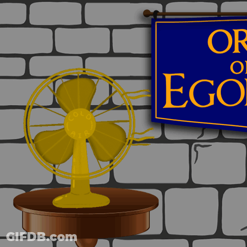 A Yellow Fan Sits On A Table In Front Of A Sign That Says " Or Of Ego " GIF