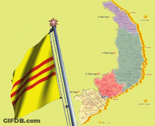 A Yellow Flag Is Flying In Front Of A Map Showing The Provinces Of Vietnam GIF