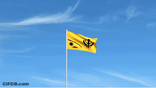 A Yellow Flag With A Khanda On It Is Flying In The Wind GIF
