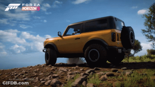 A Yellow Ford Bronco Is Parked On A Rocky Hillside In Front Of A Forza Horizon Logo GIF