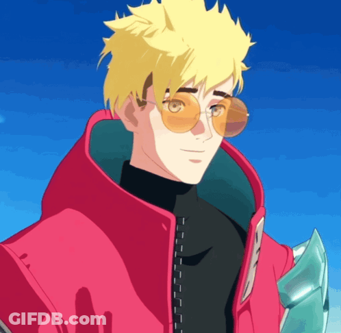 A Yellow Haired Anime Character Wearing Sunglasses And A Pink Jacket GIF