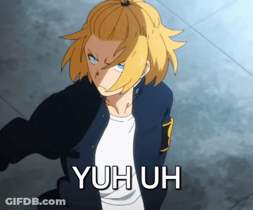 A Yellow Haired Anime Character With The Word Yuhuh Written On The Bottom GIF