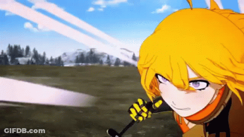 A Yellow Haired Anime Girl Is Holding A Sword In A Field . GIF