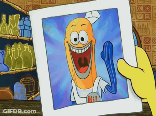 A Yellow Hand Is Holding A Picture Of A Smiling Cartoon Character Named Marvin GIF