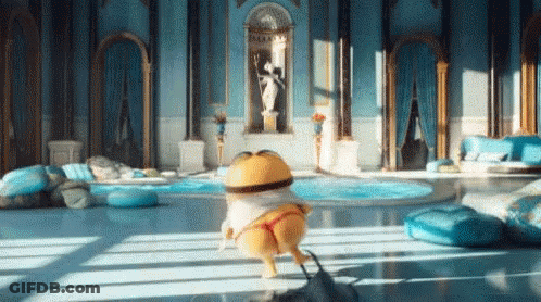 A Yellow Minion Is Standing In A Room With A Pool . GIF