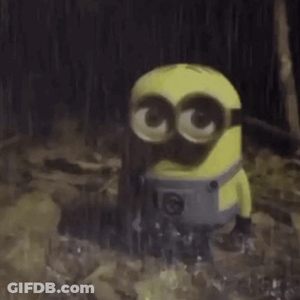 A Yellow Minion Is Standing In The Rain In A Forest . GIF