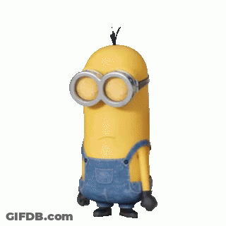 A Yellow Minion Wearing Overalls And Goggles Is Standing With His Eyes Closed GIF