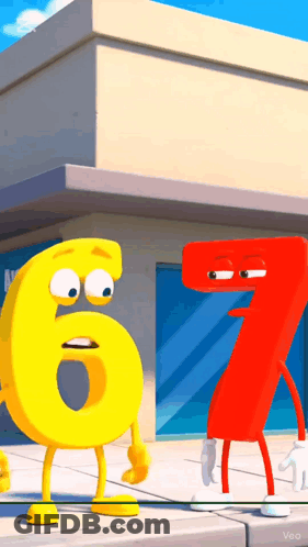 A Yellow Number 6 And A Red Number 7 Are Standing Next To Each Other On A Sidewalk GIF
