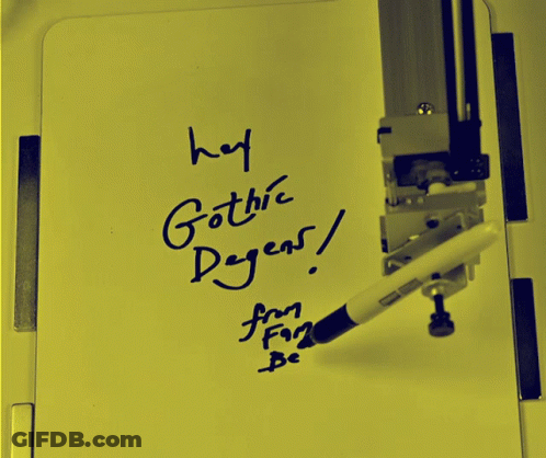 A Yellow Piece Of Paper With The Words Hey Gothic Ryers Written On It GIF
