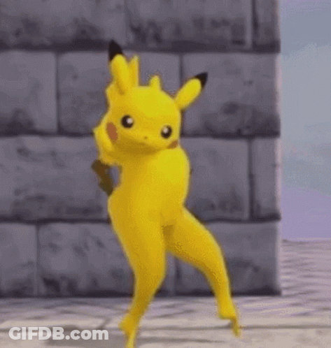 A Yellow Pikachu Is Dancing In Front Of A Stone Wall . GIF