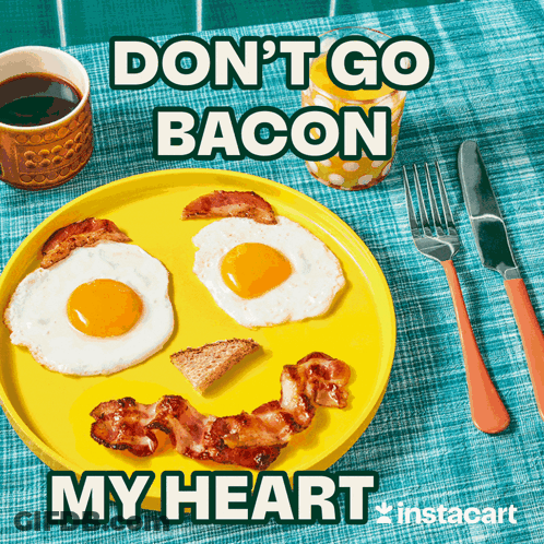 A Yellow Plate With Eggs And Bacon On It GIF