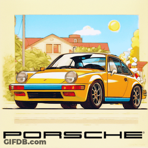 A Yellow Porsche Car Is On A Yellow Background GIF