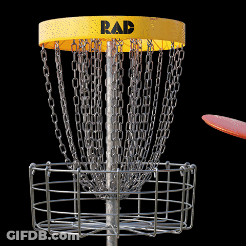 A Yellow Rad Frisbee Golf Basket With A Black Background GIF