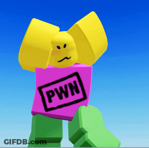 A Yellow Roblox Character With A Pink Shirt That Says Pwn GIF
