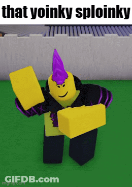 A Yellow Roblox Character With A Purple Mohawk And A Yellow Block GIF