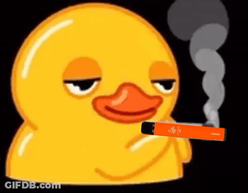 A Yellow Rubber Duck Is Smoking An Electronic Cigarette With Smoke Coming Out Of It GIF