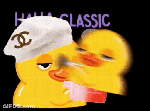 A Yellow Rubber Duck Wearing A White Hat With The Letter C On It GIF