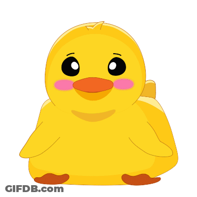 A Yellow Rubber Duck With A Pink Cheek Is Sitting On A White Background GIF