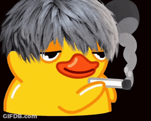 A Yellow Rubber Duck With Gray Hair Is Smoking A Cigarette GIF