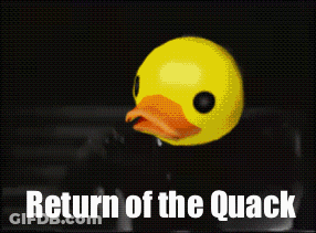 A Yellow Rubber Duck With The Words Return Of The Quack On The Bottom GIF