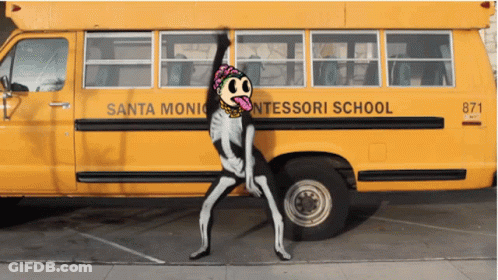 A Yellow Santa Monic Montessori School Bus With A Skeleton Standing Next To It GIF