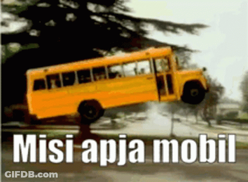 A Yellow School Bus Is Flying Through The Air With The Words Misi Apja Mobil Written Below It GIF