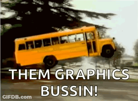 A Yellow School Bus Is Flying Through The Air With The Words " Them Graphics Bussin " Written Below It GIF