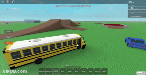 A Yellow School Bus Is Parked In A Video Game With A Blue Car In The Background GIF