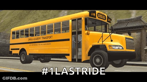 A Yellow School Bus That Says Drink Academy Transport On The Side GIF