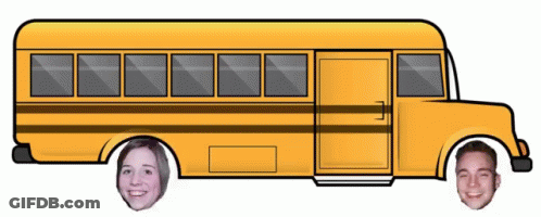 A Yellow School Bus With A Man And A Woman 'S Faces Cut Out Of It GIF