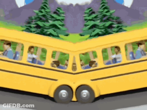 A Yellow School Bus With A Mountain In The Background And Trees In The Foreground GIF