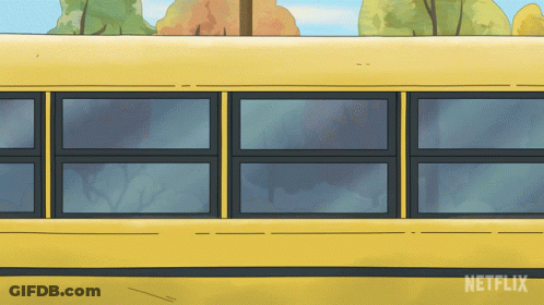 A Yellow School Bus With A Netflix Logo On The Bottom Right GIF