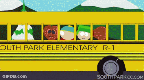 A Yellow School Bus With The Words South Park Elementary R-1 On The Side GIF