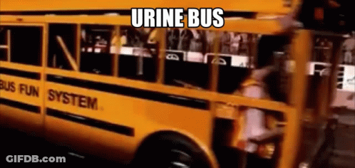 A Yellow School Bus With The Words `` Urine Bus '' Written On It Is Driving Down The Street . GIF