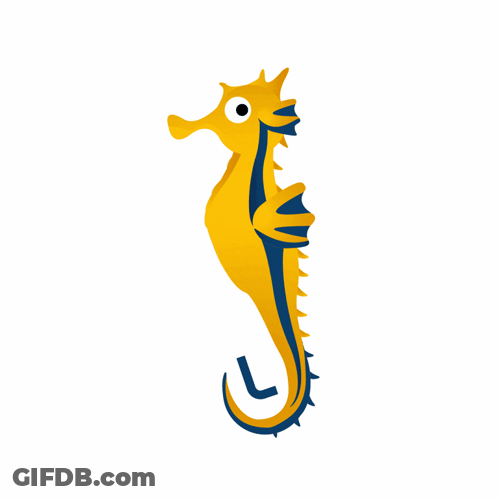 A Yellow Seahorse With A Blue Tail And A L On Its Tail GIF