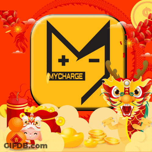 A Yellow Sign That Says Mycharge With A Dragon In Front Of It GIF